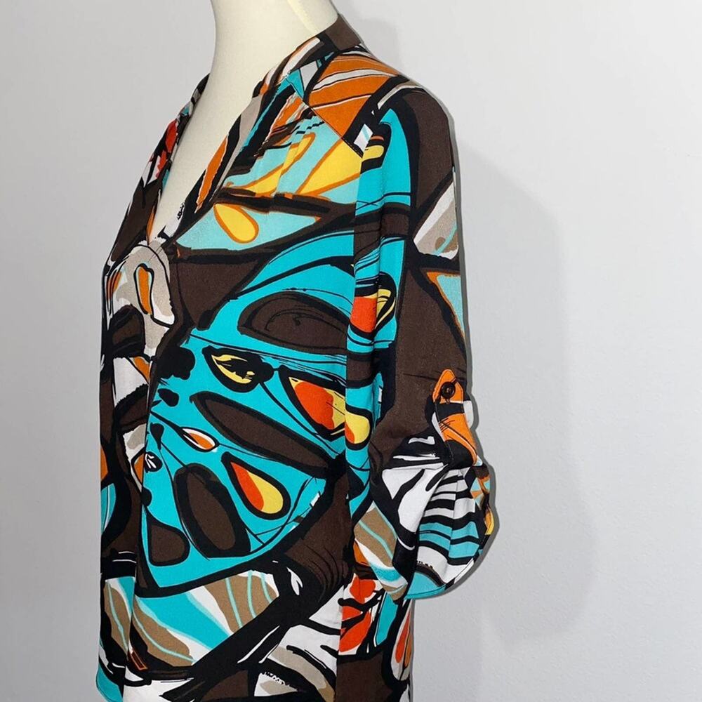 M Milano Brown Abstract Boho Half 3/4th Sleeve V Neck Work Career Blouse Top - Picture 4 of 12